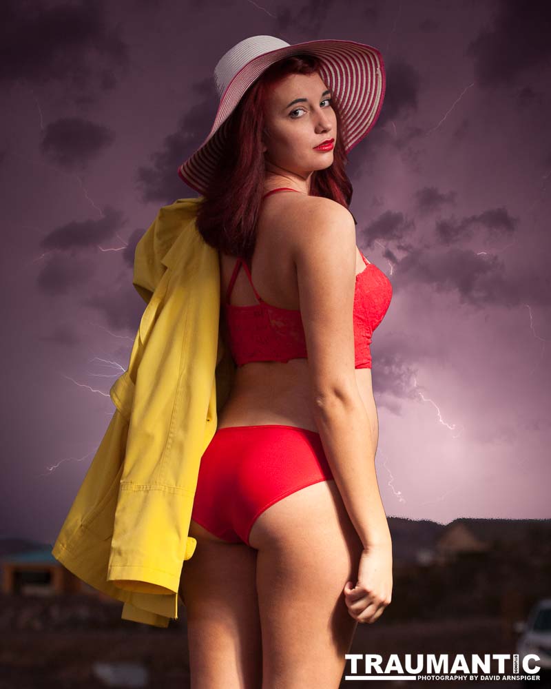 My second shoot with MOnce Gardner.  This was intended to be a pinup shoot in the rain, but the weather and timing simply did not work for us, so we just goofed around in the studio instead.  I think we got some really cute shots of her.  I took a shot of lightning I had shot months before and inserted it behind her.  This is as close to the planned shoot as we got.  I love it.