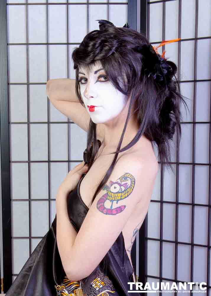 Rebecca had an idea for some Geisha style makeup.  Here's the result.